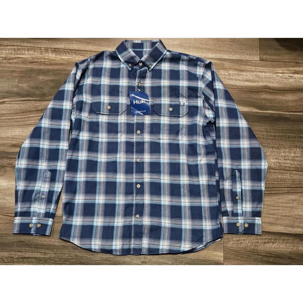 HUK Maverick Fishing Flannel L/S Shirt - Sargasso Sea Blue Size Men's Small NEW